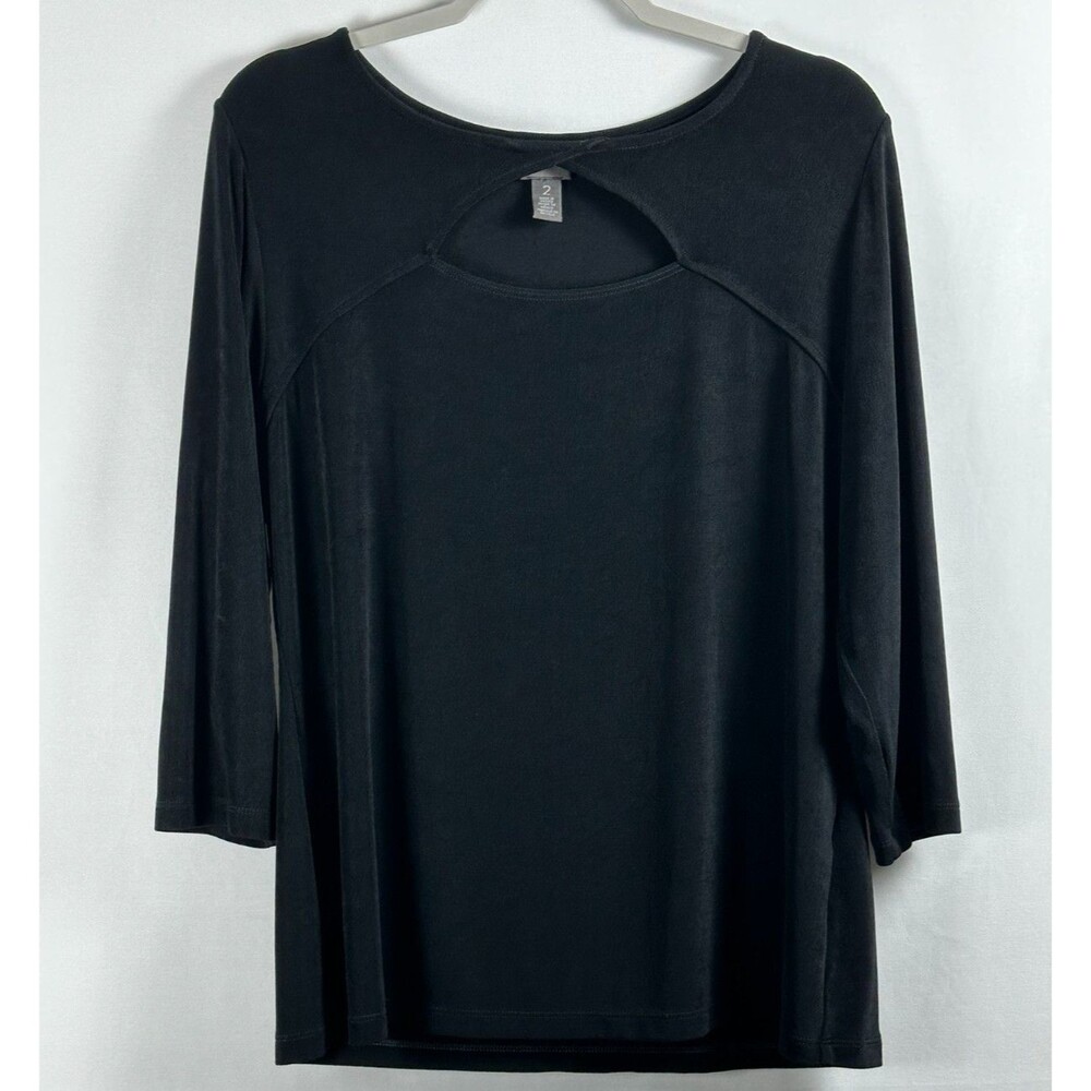 Chico's Travelers Keyhole Top Size 2 Large 12/14 Black 3/4 Sleeve Stretch Knit